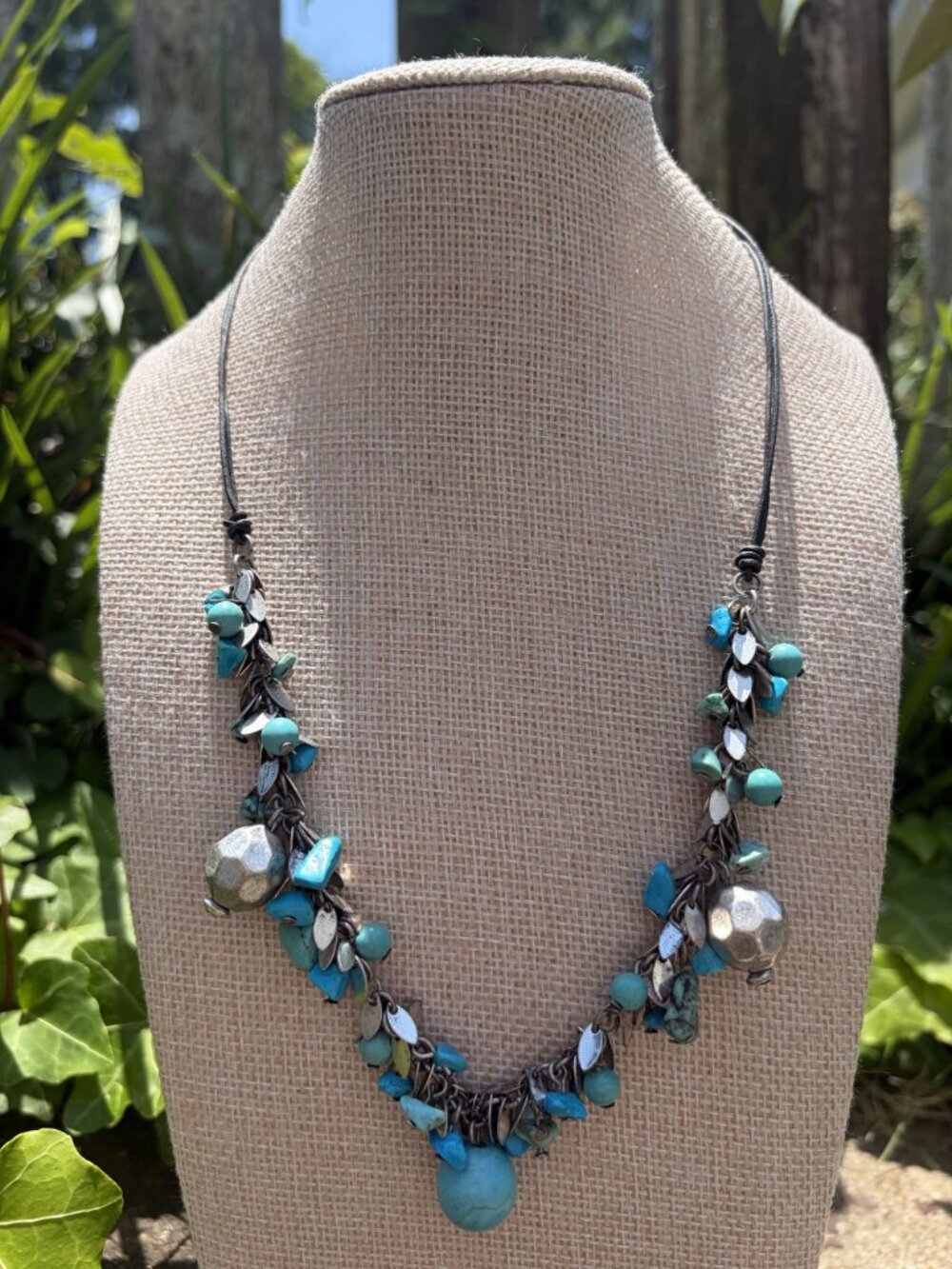 Faux Turquoise Cluster Statement Necklace Silver Tone Beads Boho Summer Retro 21